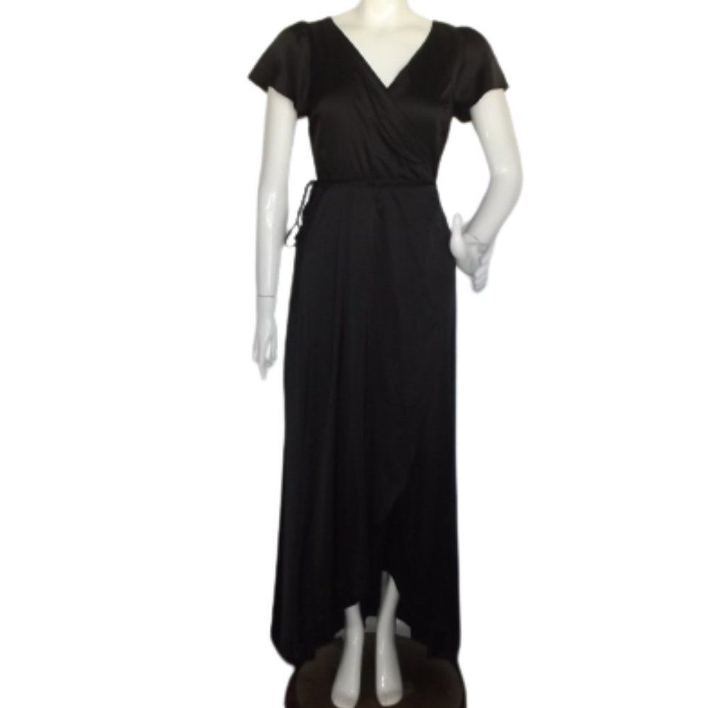 new BALTIC BORN Maxi Wrap Dress, S, Black satin, Flutter sleeve, Tulip skirt